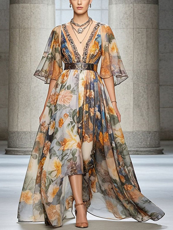 Orange V-neck Print Maxi Dress