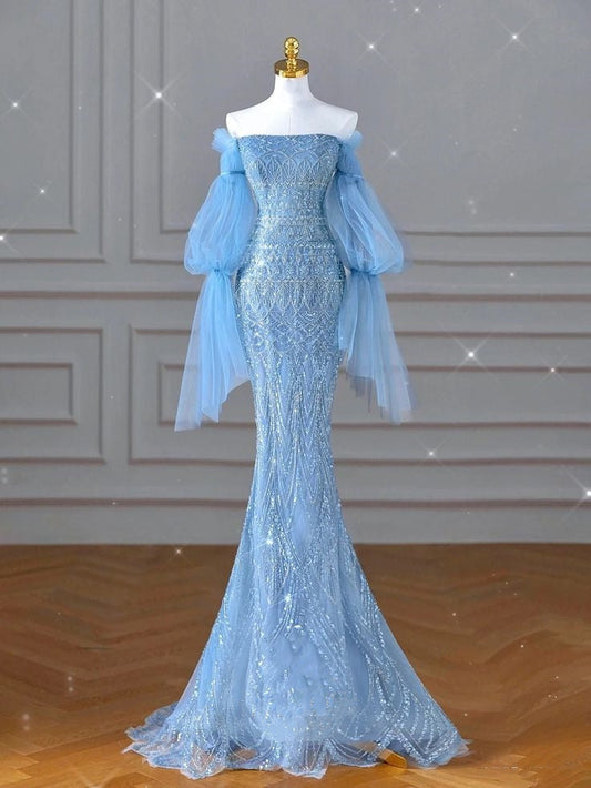 Blue luxurious gorgeous shiny exquisite beads elegant long sequined tulle long sleeve mermaid slim ball gown evening dress gh3388