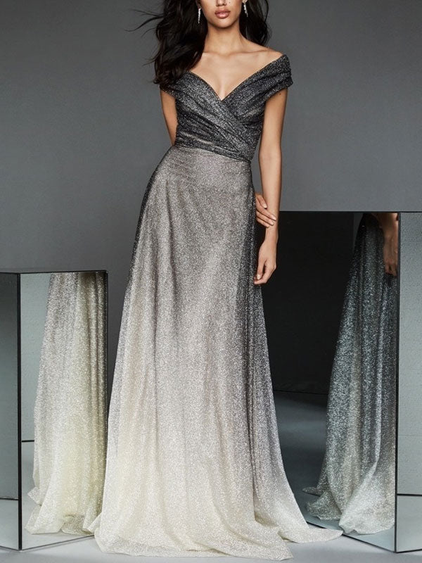 Off-the-shoulder Gradient Temperament Mesh Evening Dress