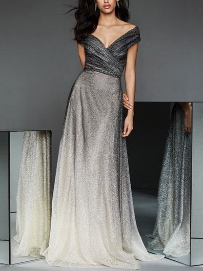 Off-the-shoulder Gradient Temperament Mesh Evening Dress