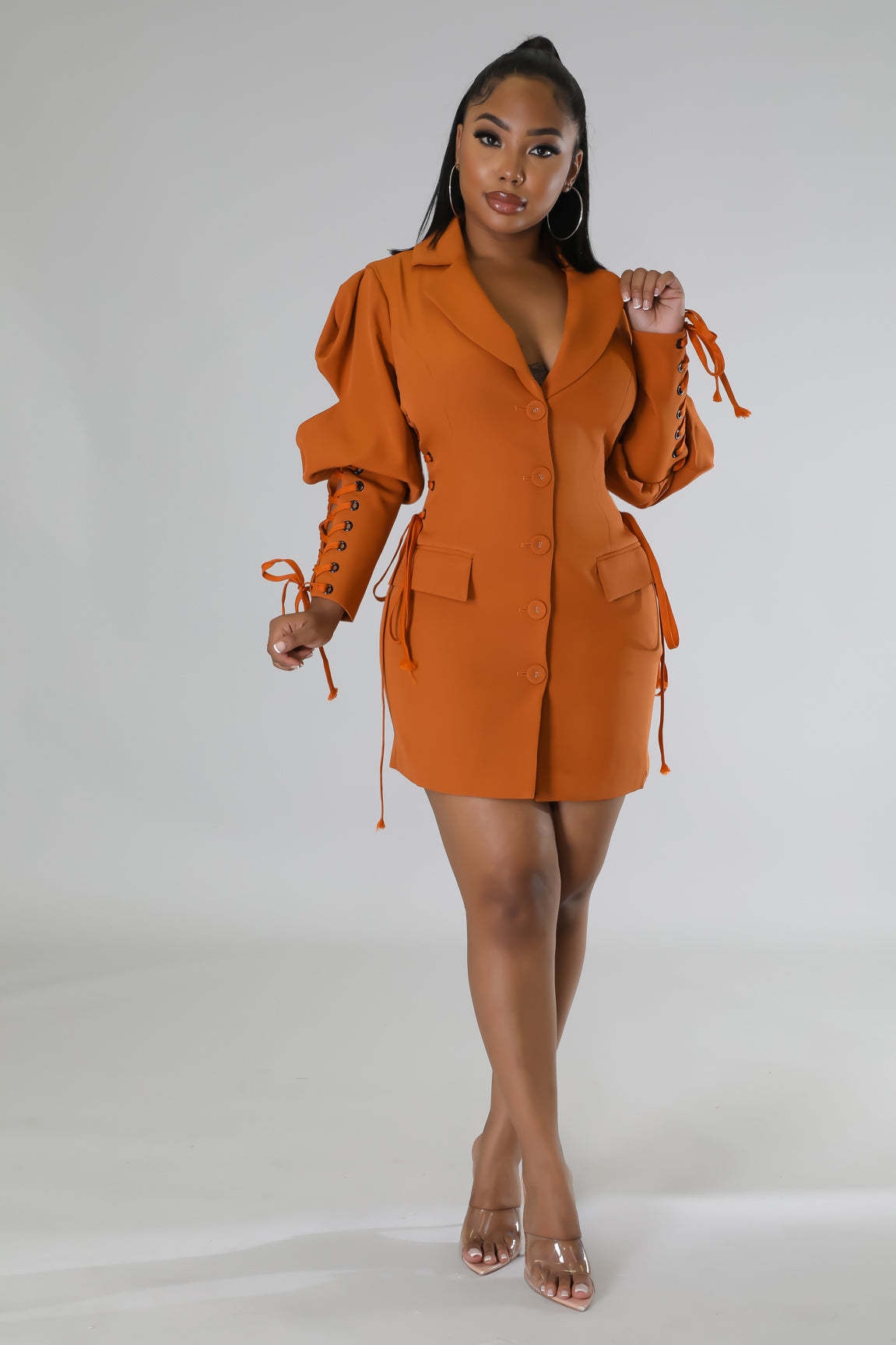 loveedsTM- Women Eyelet Lace Up Lantern Long Sleeve Single Breasted Lapel Neck Blazer Style Midi Dress for Winter Autumn Ins Tops