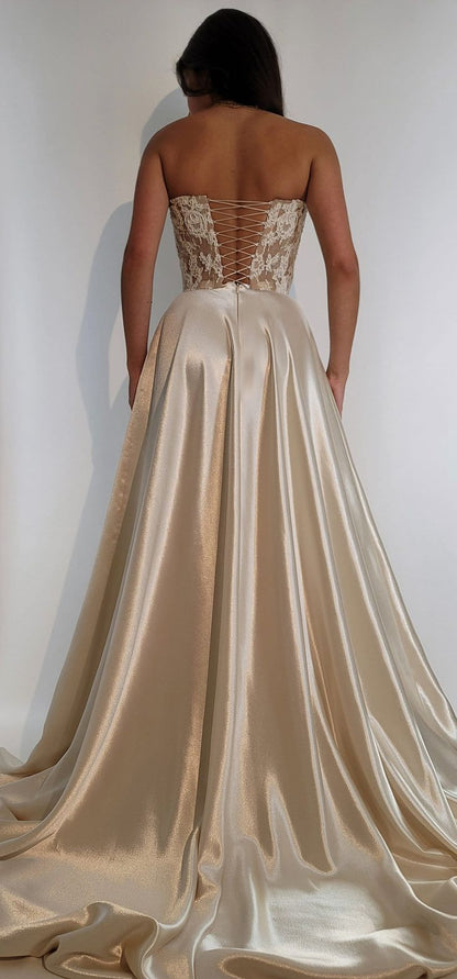 Elegant A Line Strapless Lace Satin Long Prom Dress Evening Dress SH2554
