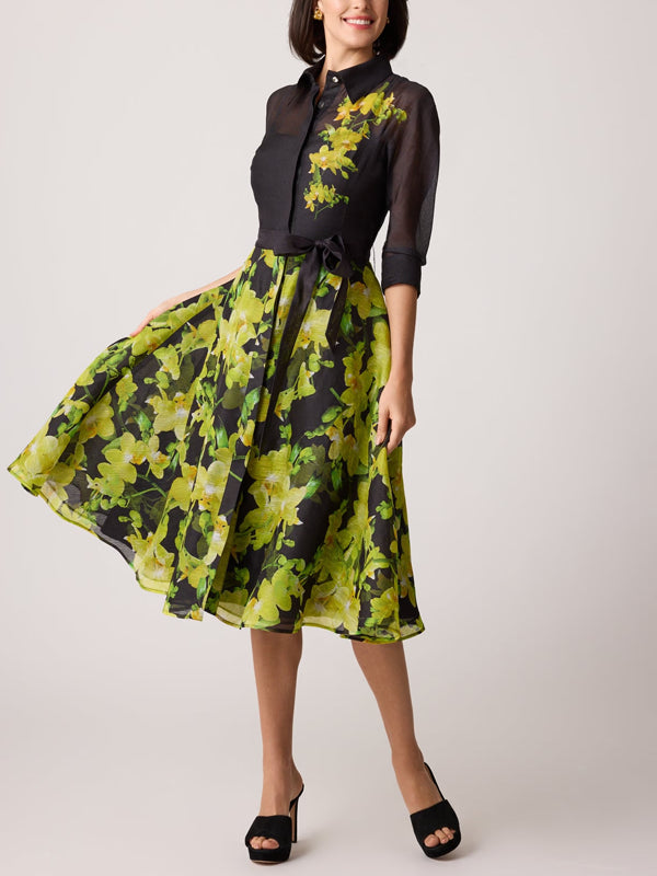 Elegant Floral Balloon Sleeve Printing Crew Neck Midi Dress