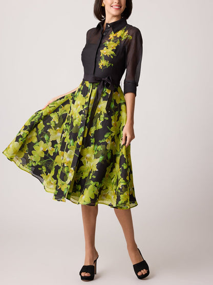 Elegant Floral Balloon Sleeve Printing Crew Neck Midi Dress