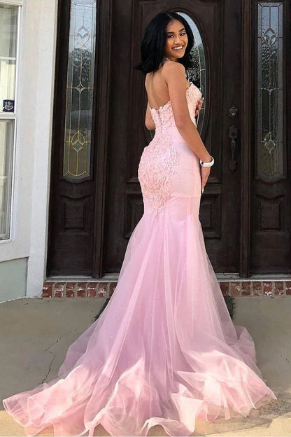 Classy Pink Sweetheart Sleeveless Lace Mermaid Prom Dresses with Train Evening Dresses Graduation Dress DP476
