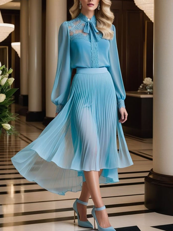 Pleated Pleated Skirt Temperament Chiffon Lace Shirt Ladies Suit