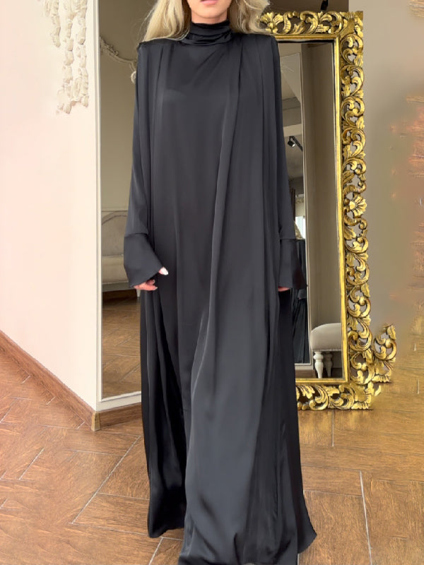 loveedsTM- Flared Sleeves Long Sleeves Solid Color High-Neck Maxi Dresses