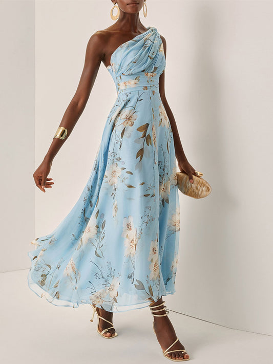 Light Blue Chiffon One Shoulder Sleeveless A-Line Maxi Dress