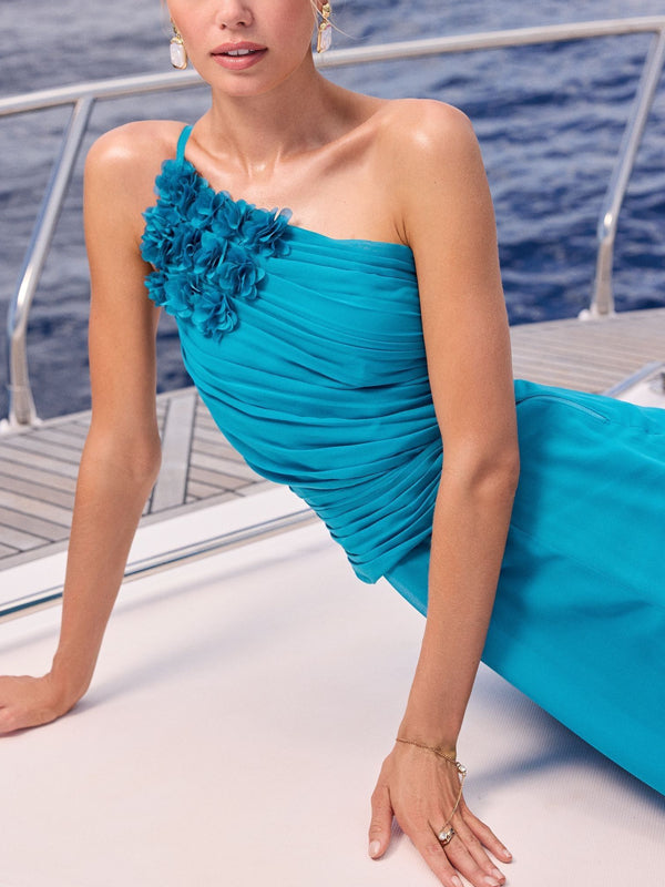 Blue Flower Trim One Shoulder Chiffon Maxi Dress