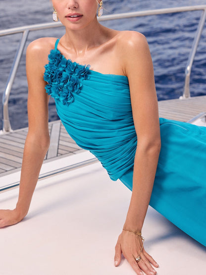 Blue Flower Trim One Shoulder Chiffon Maxi Dress