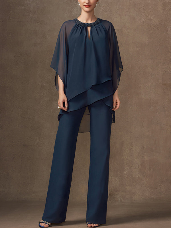 Chiffon Mother Sequin Top Trousers Suit
