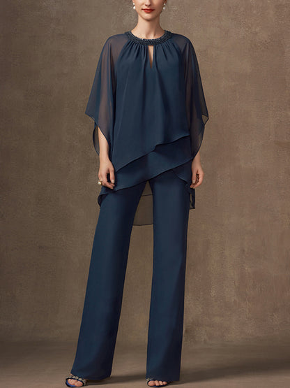 Chiffon Mother Sequin Top Trousers Suit