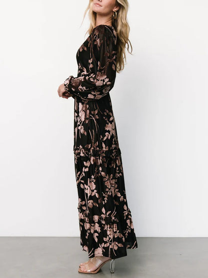 V-neck Corduroy Print Maxi Dress