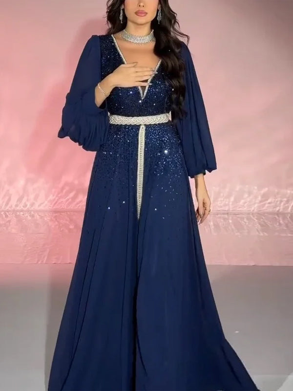 V-neck Sequin Chiffon Solid Color Maxi Dress