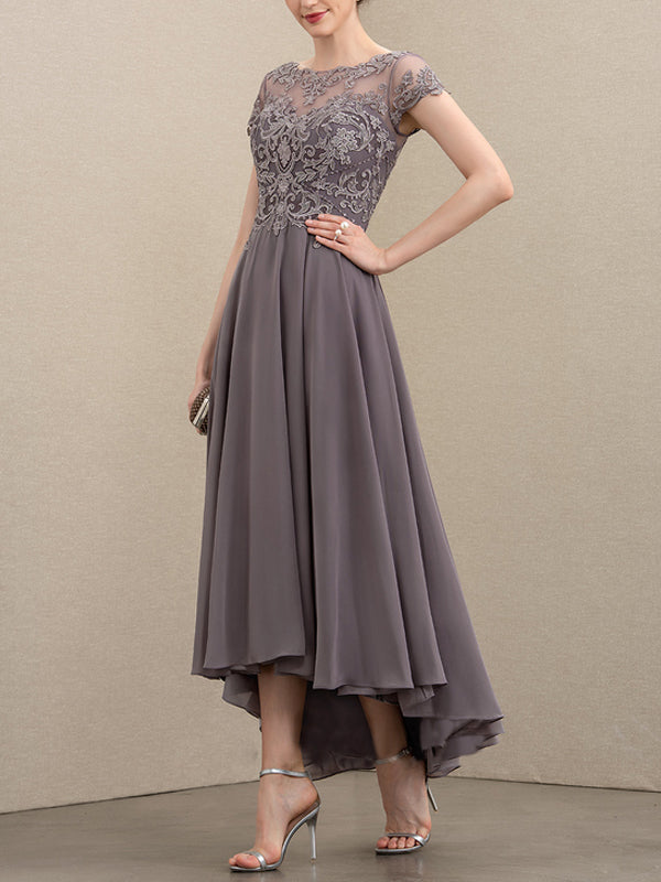 Asymmetric Chiffon Lace Mom of the Bride Dress with Beaded Sequins