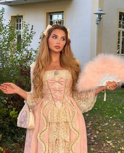 Pink Retro Sweet Fashion Exquisite Lace Square Neck Long Prom Dress Evening Dress Garden Party Dress  gh3785