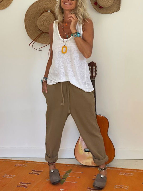 Cotton Linen Casual Elastic Waist Ladies Pants