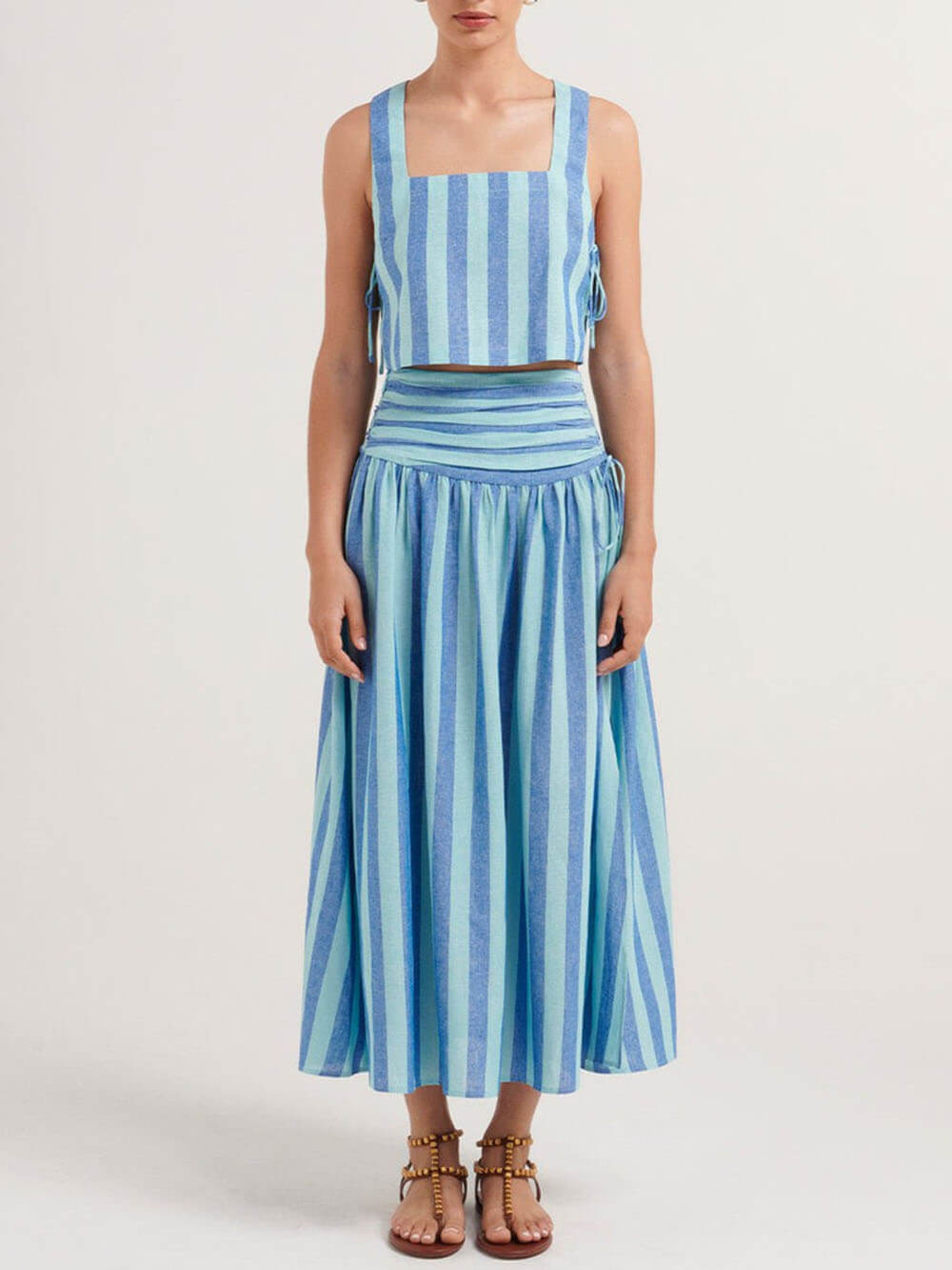 loveedsTM-Lace-up Tank and Ruched Waist Midi Skirt Set