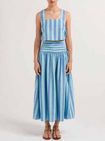 loveedsTM-Lace-up Tank and Ruched Waist Midi Skirt Set