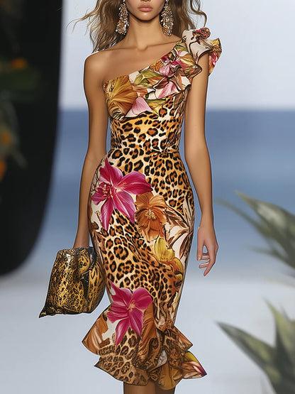 One Shoulder Midi Bodycon Dress With Flower And Leopard Print