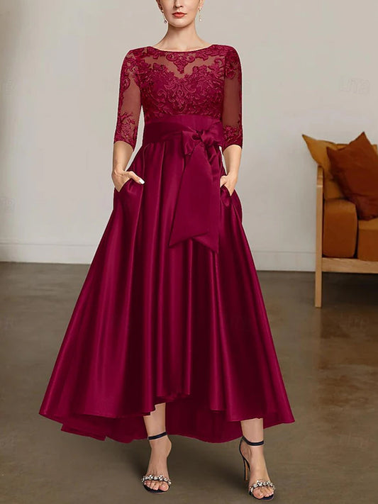 Round Neck Solid Color Lace Midi Dress