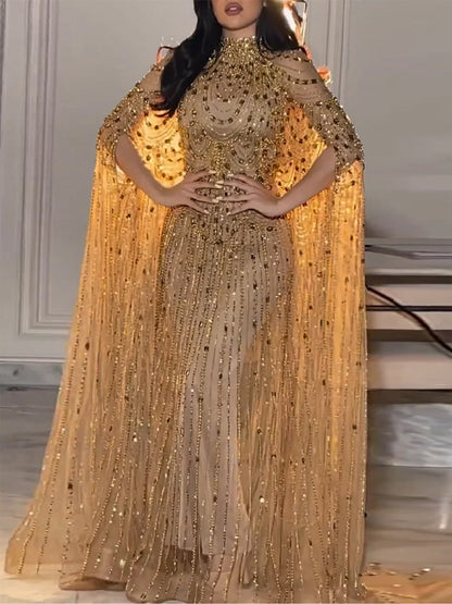 Sequined Mesh Solid Color Maxi Dress