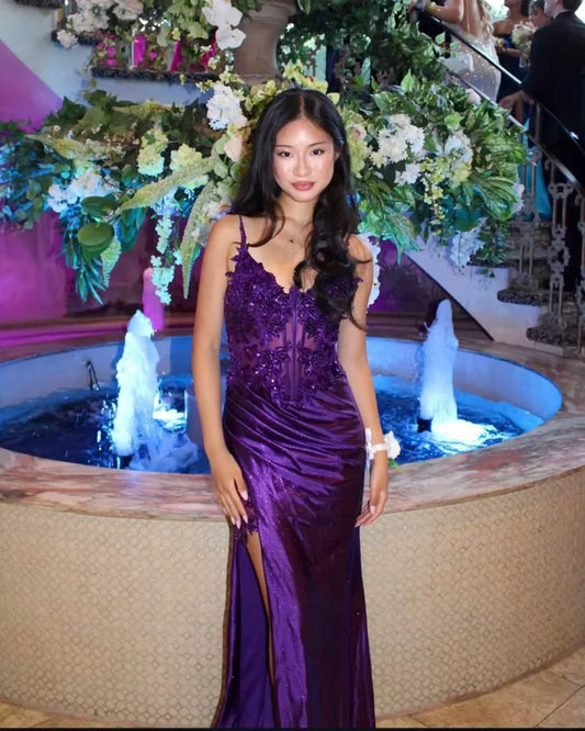 Purple Sheath Spaghetti Strap Appliques Satin Prom Dress Evening Dress with Slit SH2535