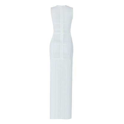 loveedsTM-Hollow Fringe White Sleeveless One-piece Dress Summer Party Gathering Dresses
