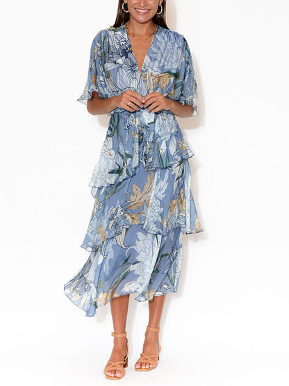 Comfortable Printed Tiered Chiffon Women's Dress