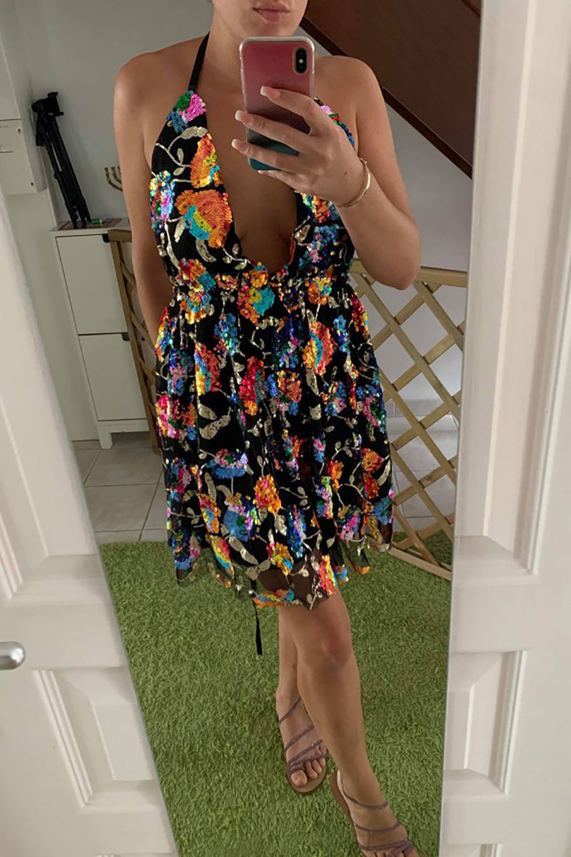 loveedsTM- Rainbow Sequin Open Back Slip Mini Dress