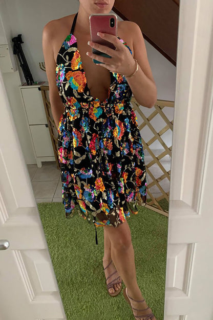 loveedsTM- Rainbow Sequin Open Back Slip Mini Dress