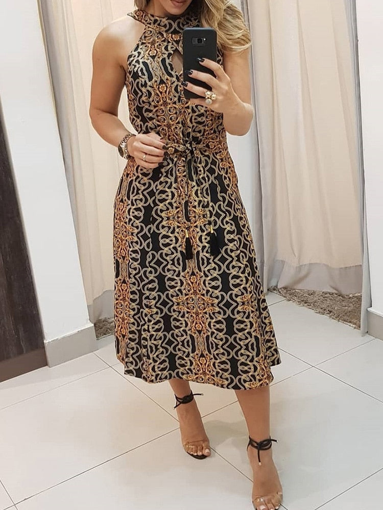 loveedsTM-Women Fashion Clubwear Elegant Sexy Dress Club  Sleeveless Baroque Print Sleeveless Midi Dress