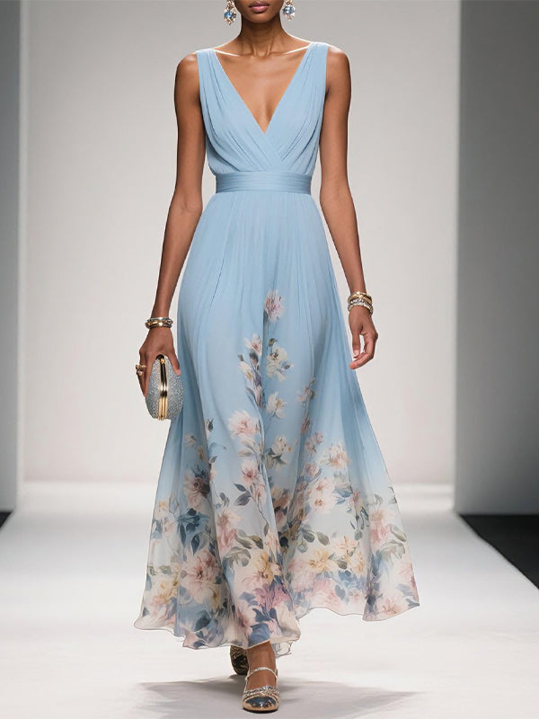 V-neck Sleeveless Printed Maxi Dress