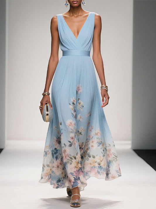 V-neck Sleeveless Printed Maxi Dress