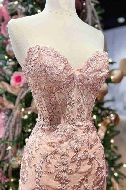 Pretty Mermaid Strapless Corset Lace Prom Dress with Slit DP295