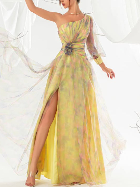 One-shoulder Sleeve Elegant Tie-dye Women's Dress