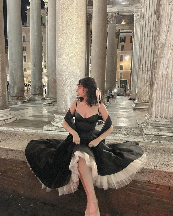 Black and White Princess Cute and Elegant A-line Spaghetti Straps Long Satin Tulle Party Dress Evening Dress Prom Dress Homecoming Dress gh4196