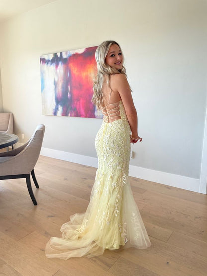 Yellow Fashion Elegant Delicate Floral Embroidery Applique Long Lace Mermaid Slim Ball Gown Evening Gown Party Dress gh3356
