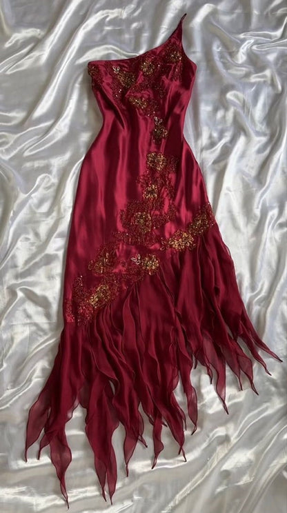 Red one shoulder fashion embroidered floral long elegant satin chiffon ruffle party dress prom dress evening gown gh3269