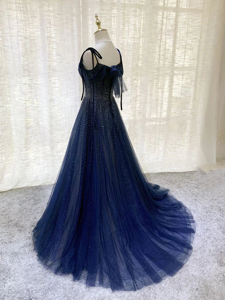 Shiny Navy Blue Tulle Straps Long Prom Dresses Party Dresses, A-line Beaded Prom Dresses      fg5018