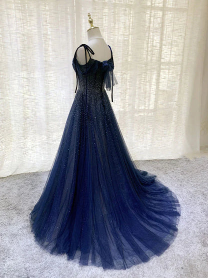 Shiny Navy Blue Tulle Straps Long Prom Dresses Party Dresses, A-line Beaded Prom Dresses      fg5018
