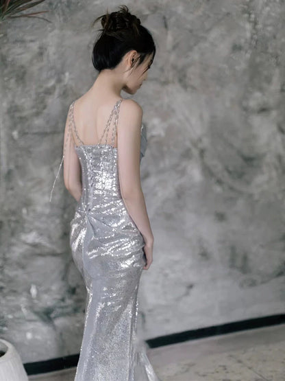 Silver Sequin Mermaid Long Prom Dress Sexy Evening Dresses   fg7666