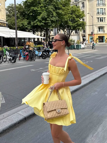 A Line Homecoming Dresses Yellow Bow Strap Prom Cocktail Party Gown       fg6229