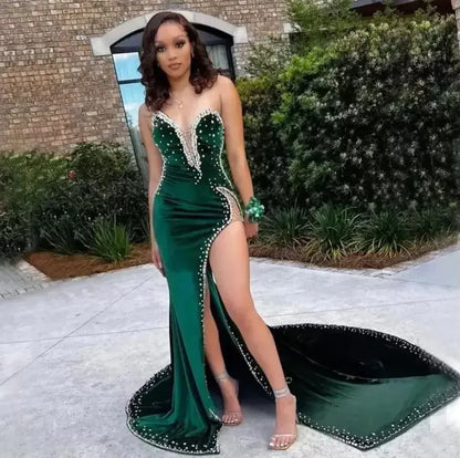 Green Velvet Prom Dresses African Mermaid Evening Dress With Slit      fg4128