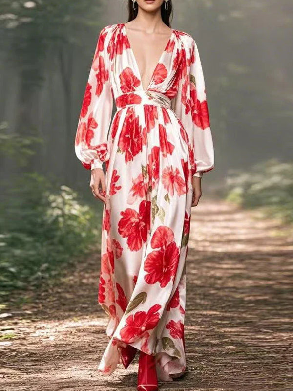 V-neck Chiffon Print Ladies Dress