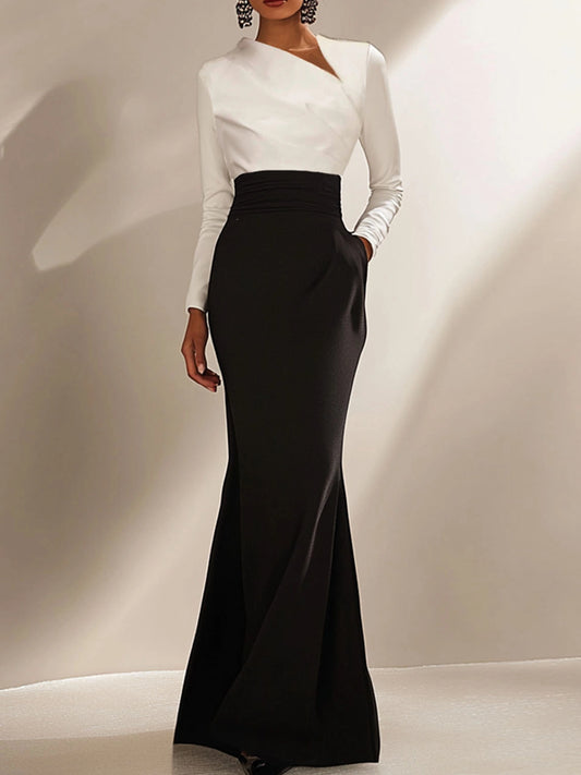 Evening Formal Elegant Dress Long Sleeve Black White Maxi Dress