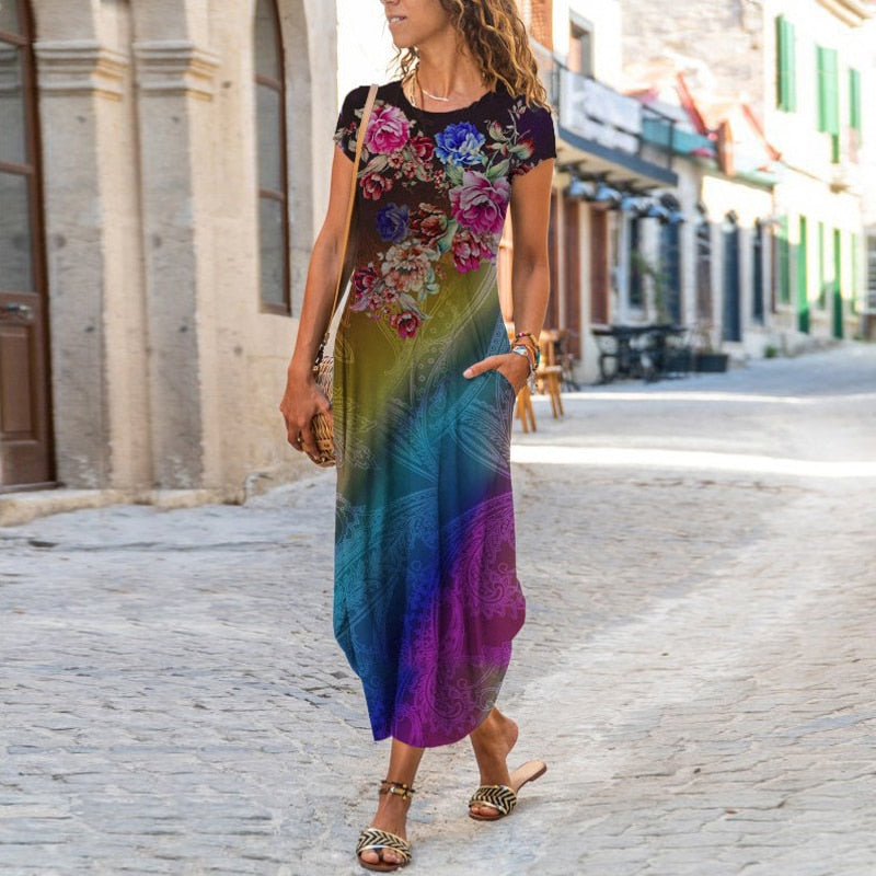 loveedsTM - Elegant Women Maxi Dress 2024 Summer O Neck Short Sleeve Sundress Office Lady Party Dress Female Print A-Line Long Dress Vestido