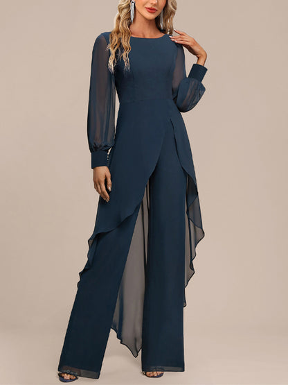 Round Neck Solid Color Long Sleeve Mesh Jumpsuit