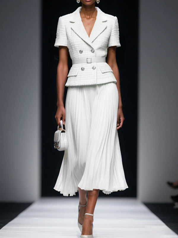 Tweed Pleated Buckle Lapel Collar Short Sleeve Dressy Top With Skirt Two-Piece Set