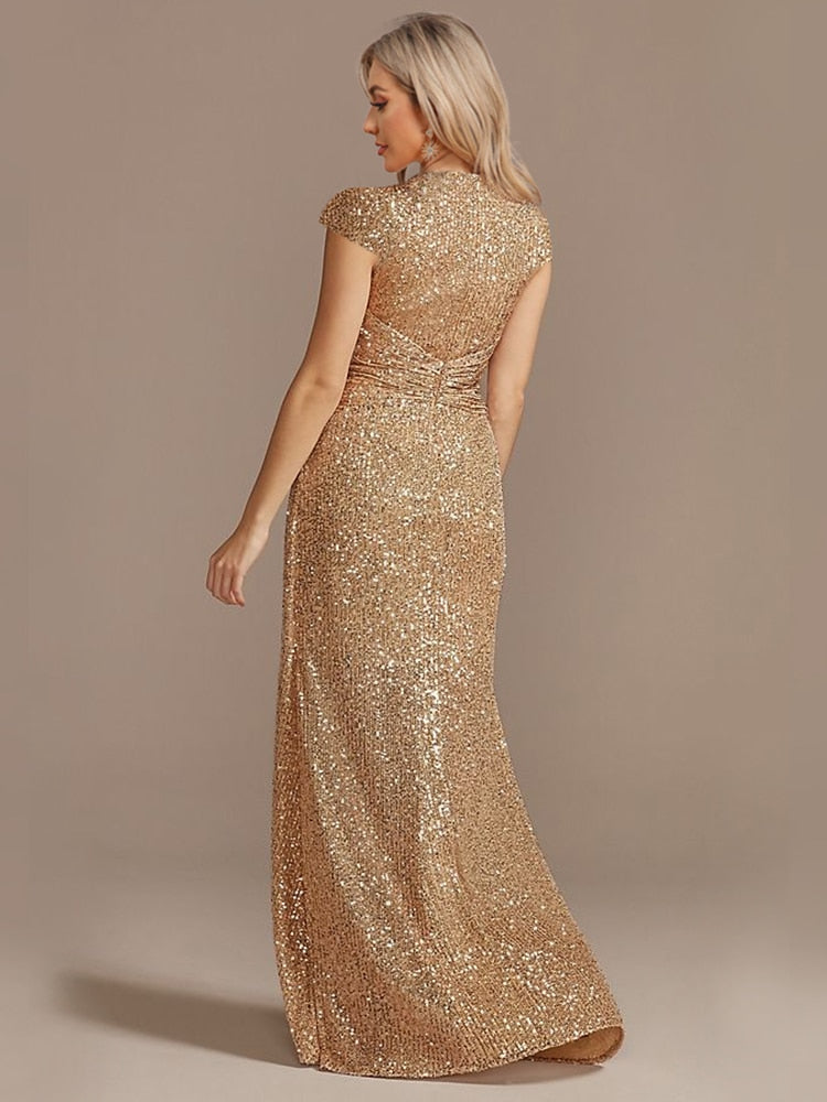 loveedsTM- New Luxury Champagne V-Neck Sequin Evening Dress Women Party Maxi Dress Beading Gowns Long Prom Cocktail Dresses